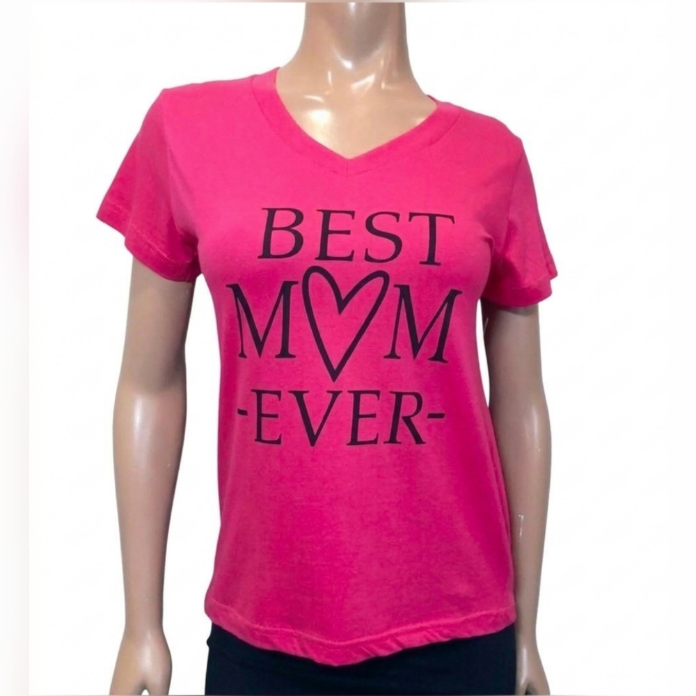 NEW Best Mom Ever Vneck Tshirt Pink Mothers Day Graphic Top Womens Size Medium